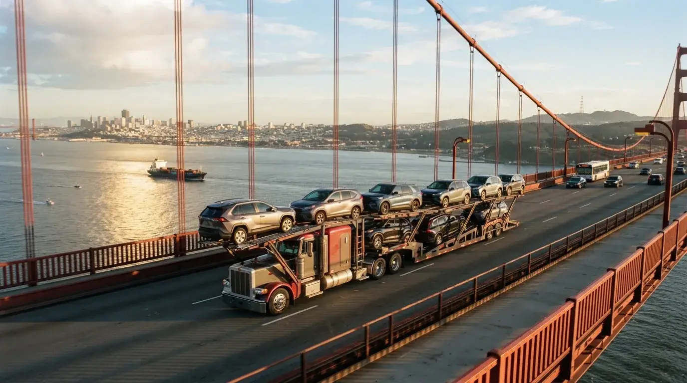 A loaded car carrier crossing a suspension bridge at golden hour, a city skyline and bay behind it.