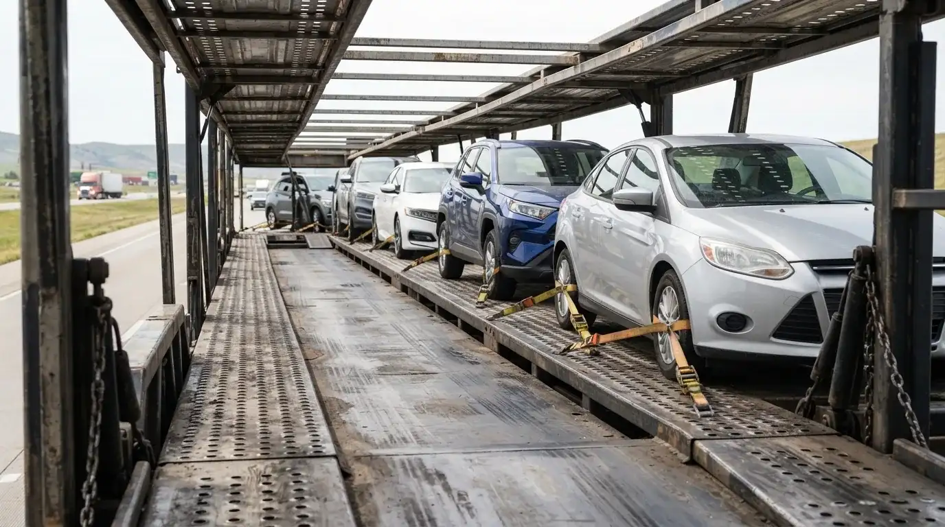 Deck-level view along an open multi-car carrier, vehicles chained at the wheels.