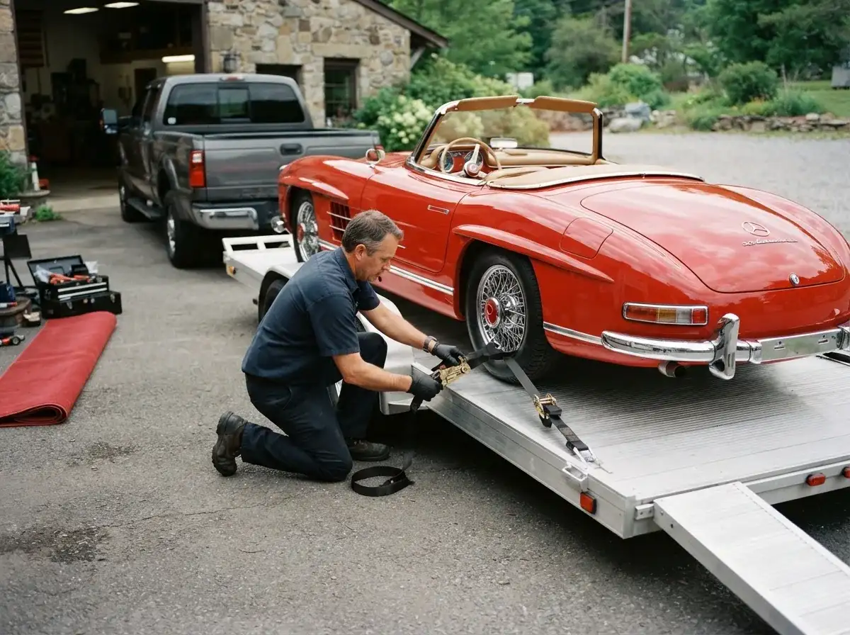 A vintage roadster being loaded into an enclosed trailer on a lift gate.