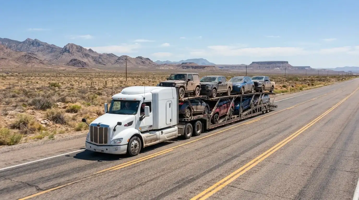 A loaded car hauler carrying eight vehicles on a two-lane desert highway, mesas visible in the distance.