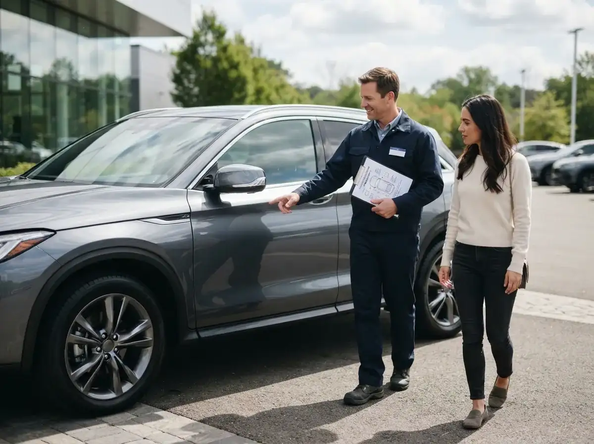 A driver and customer walking around a delivered vehicle, checking condition before signing.