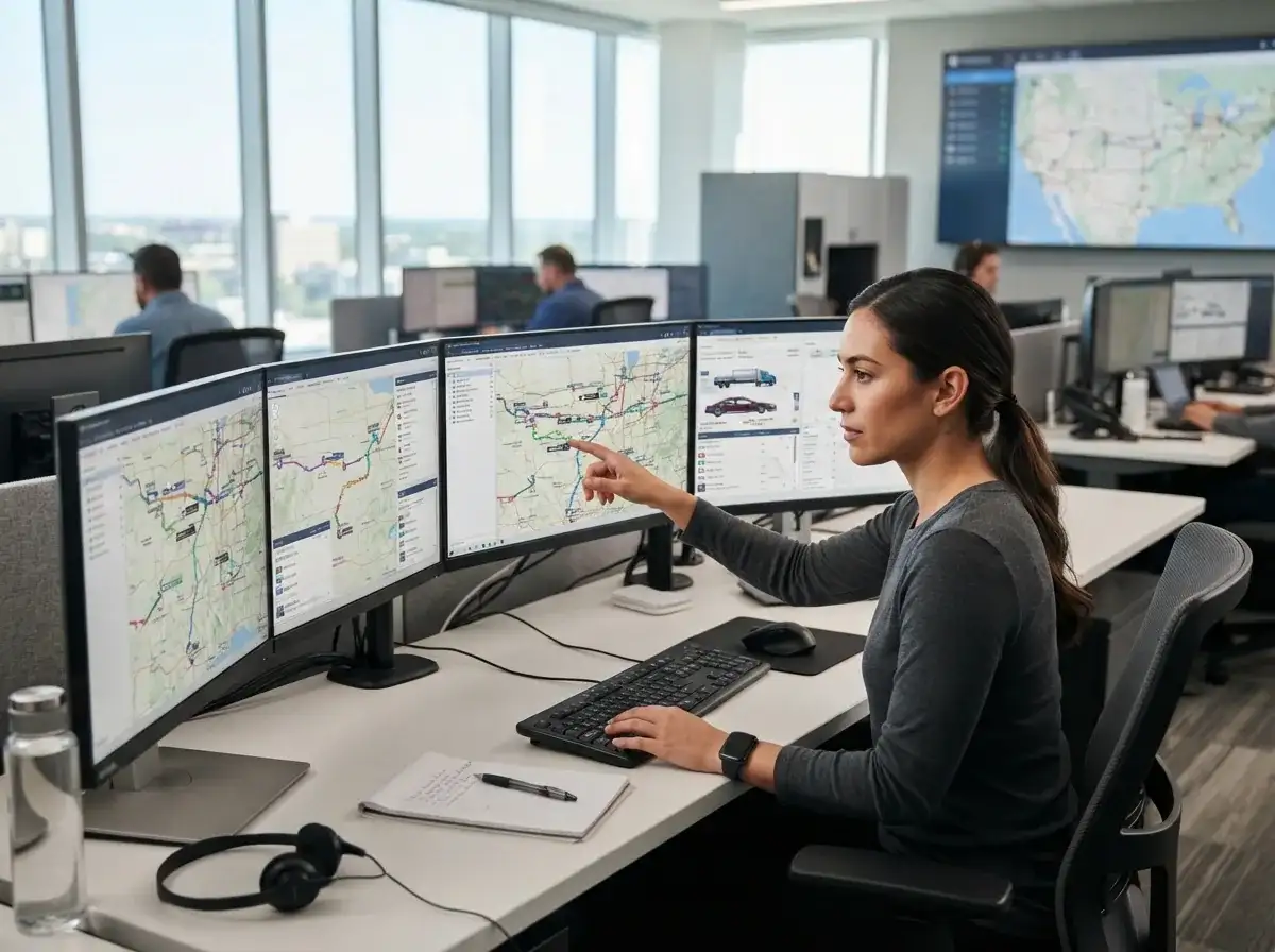 An auto logistics dispatch office with route boards and monitors.