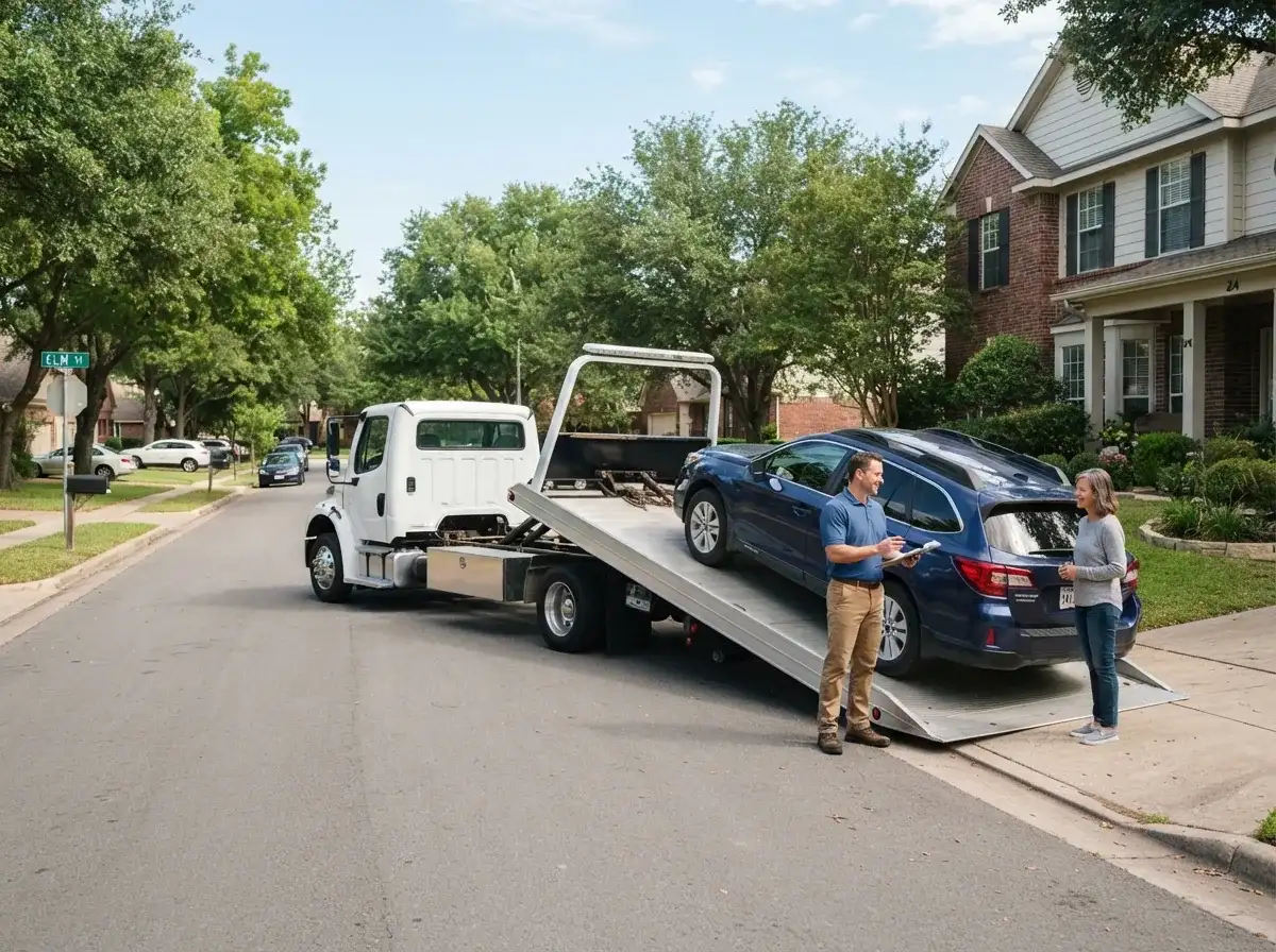 A car being unloaded from a transport trailer on a residential street outside a house.