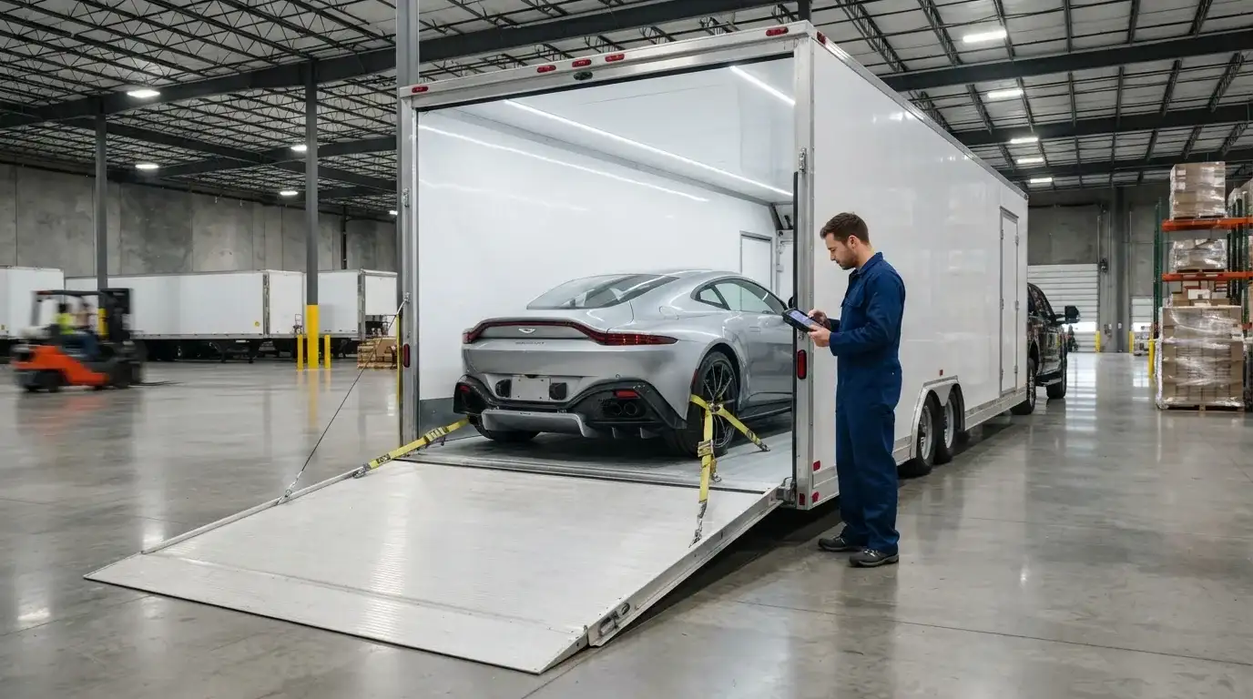 A silver sports car secured with yellow soft straps inside a white enclosed trailer, ramp lowered, a technician checking a tablet alongside.