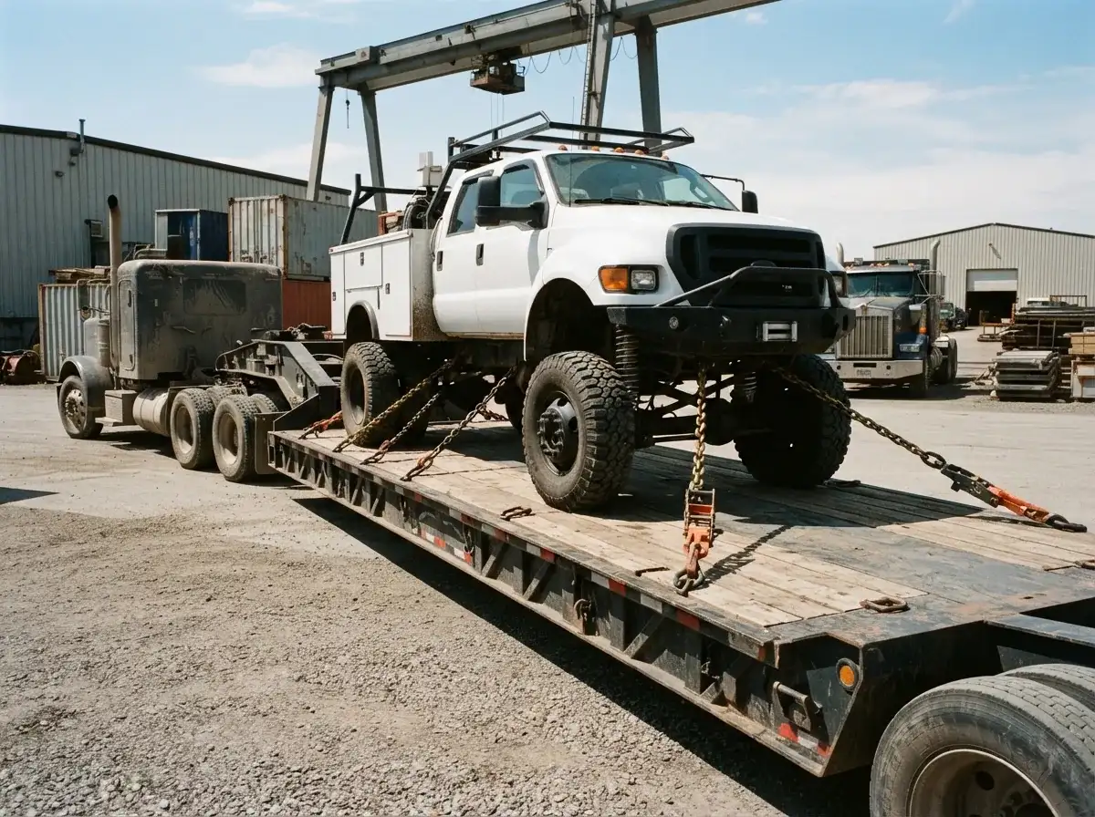 An oversized pickup truck loaded onto a heavy-duty transport trailer.