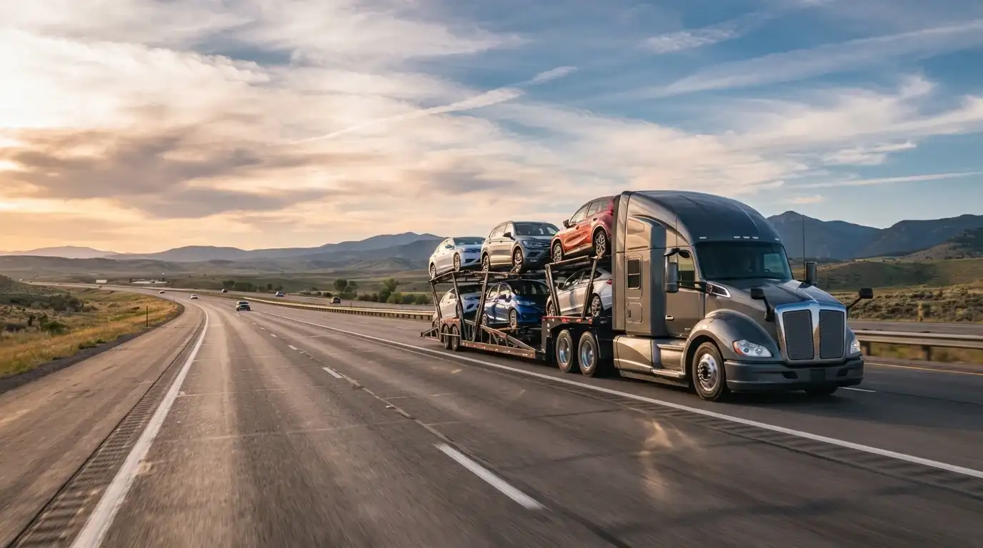A loaded two-deck car carrier travelling an open interstate at sunset, five vehicles secured across both decks, mountain ridges along the horizon.