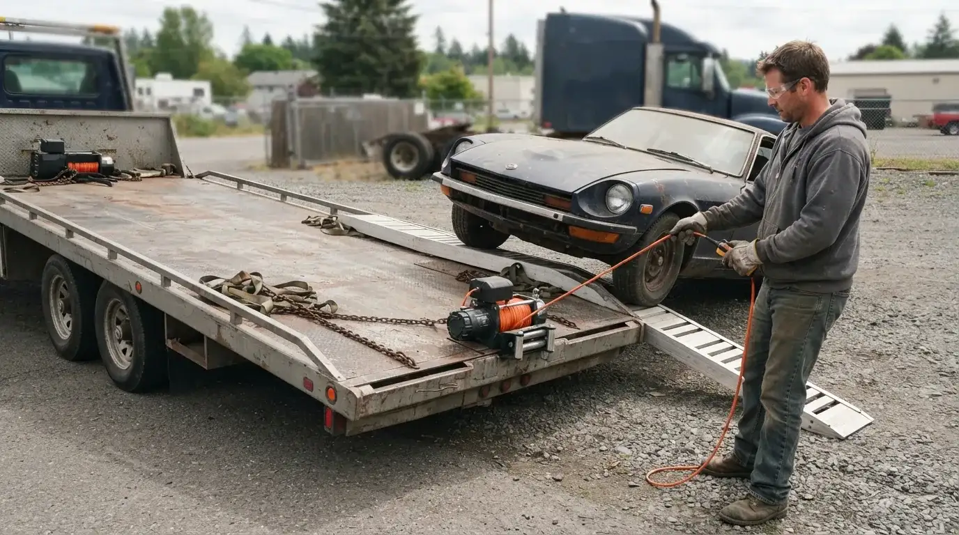 A non-running vehicle being winched onto a transport trailer.