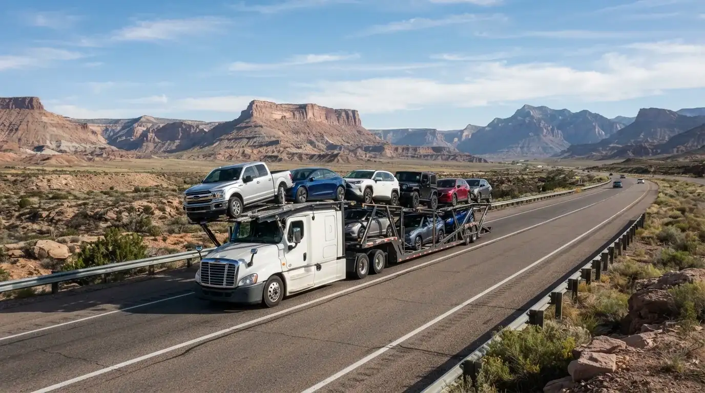 A car carrier on a multi-lane interstate corridor at daylight.