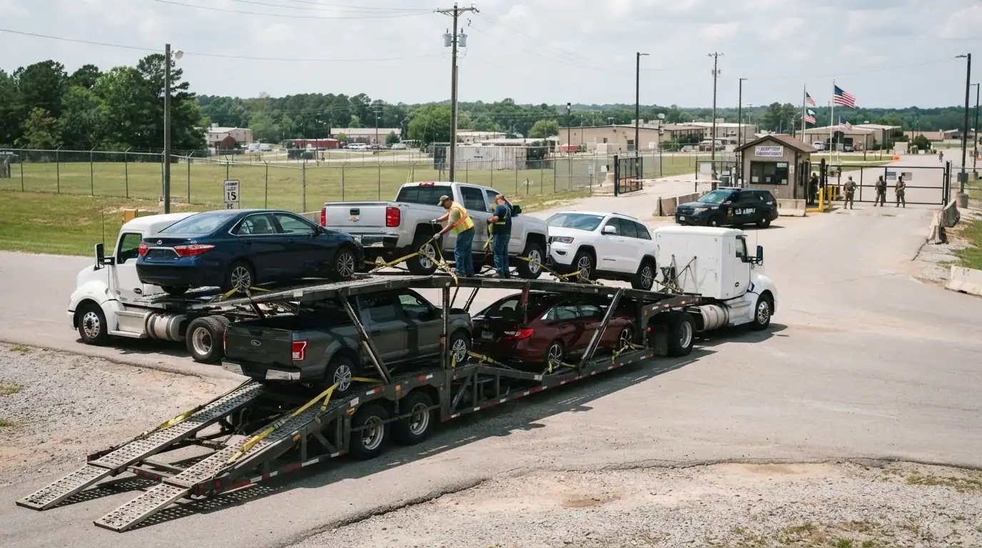 Several vehicles staged for relocation transport in an open lot.