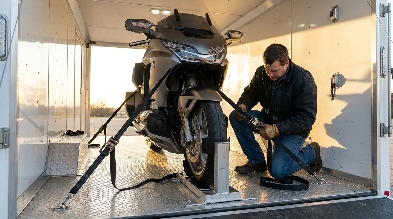 A touring motorcycle held upright by a front wheel chock inside an enclosed trailer, a technician kneeling to tighten a soft tie-down strap.