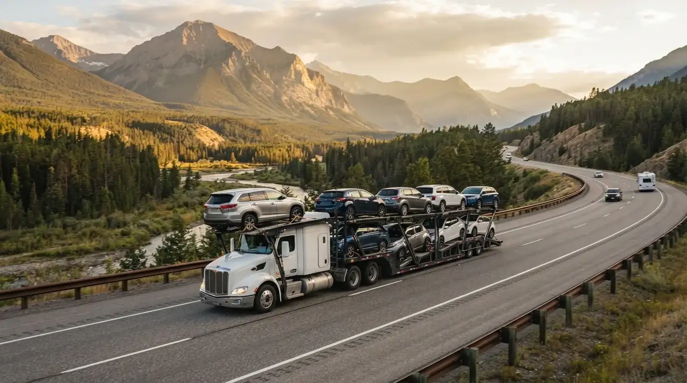 A modern multi-car auto hauler loaded on both decks, seen from the side.