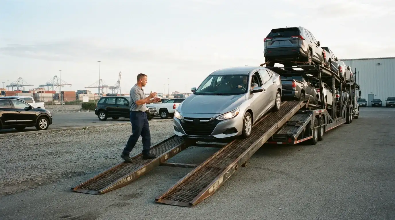 A silver sedan being driven up steel ramps onto the lower deck of a multi-car open carrier trailer at a port yard.