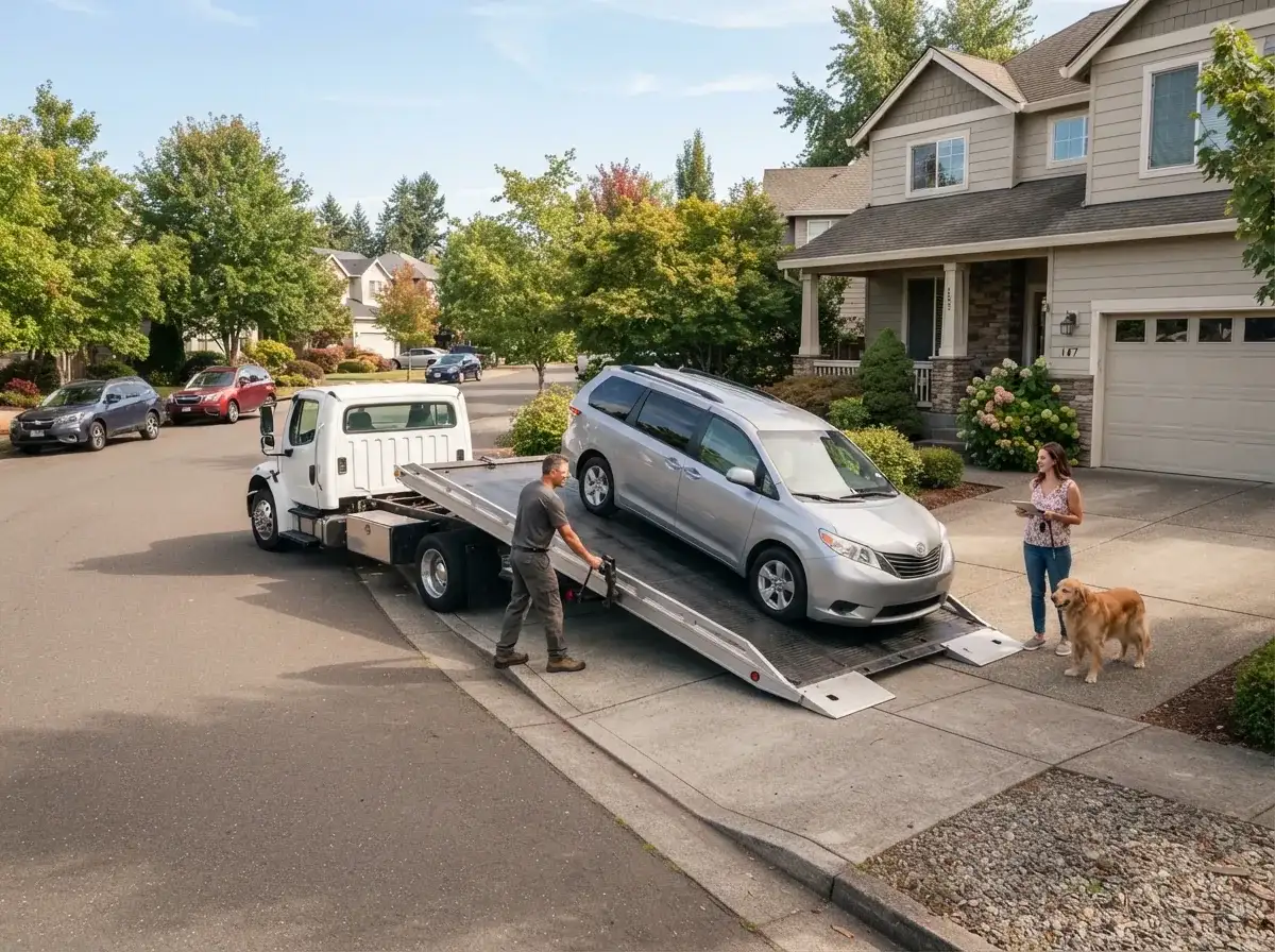 A vehicle delivered to a suburban driveway, transport trailer parked at the kerb.
