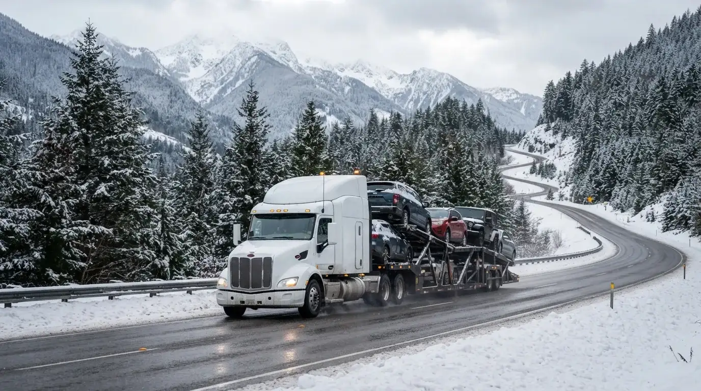 A car hauler on a snow-lined highway in winter conditions.